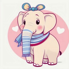 Fototapeta premium a cute painting of a elephant in a scarf on white background, great sticker, ai generated