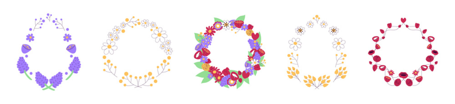 Set of floral wreath with naive doodle flowers. Hand drawn poppy, chamomile, lilac, lavender. Five round and oval frames isolated on transparent background. PNG image