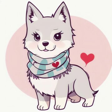 painting of a cute wolf in a scarf, animal character, great sticker, ai generated