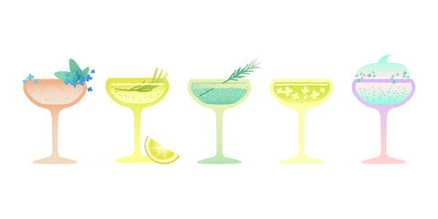 Margarita glass cocktail set. Vector gradient flat illustration with texture. Drinks with berries, mint leaves, citrus and rosemary. Alcohol drinks for bar and events. Refreshing liquid