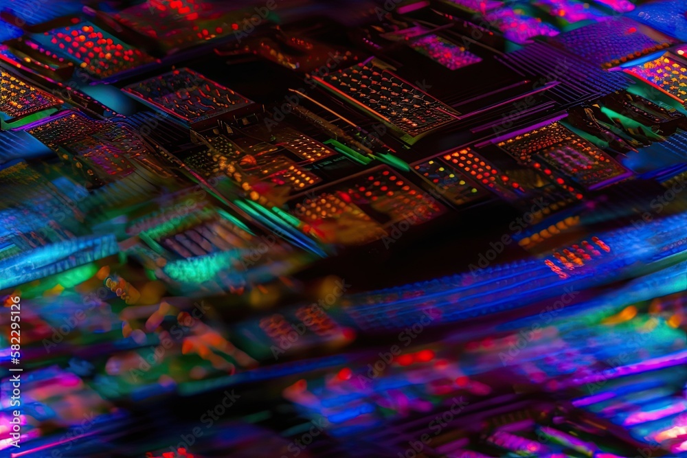 Poster macro of neon colored silicon wafer integrated circuits used to create cpu and gpus. generative ai