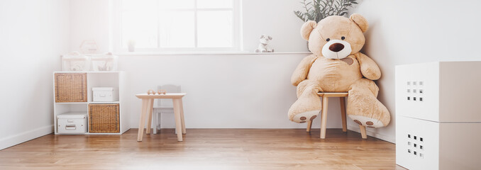 White childroom in pastel colors in scandinavian minimalist style.