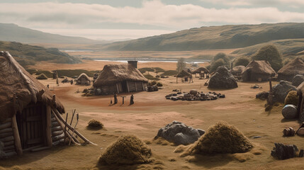 Illustration of a stone age village in northern Europe. Generative AI. - obrazy, fototapety, plakaty