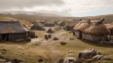 Illustration of a stone age village in northern Europe. Generative AI. - obrazy, fototapety, plakaty