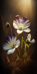 Wild flowers in the grass in rays of sunlight background. AI generated illustration