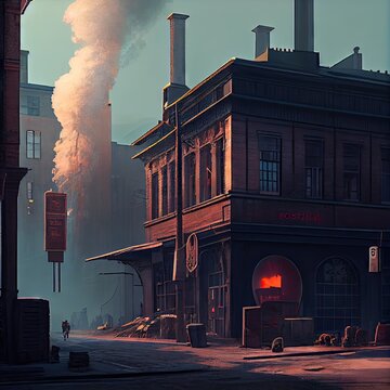 postapo city with smoking buildings and empty streets, created with generative ai