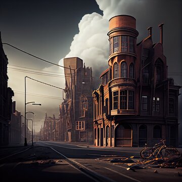 postapo city with smoking buildings and empty streets, created with generative ai
