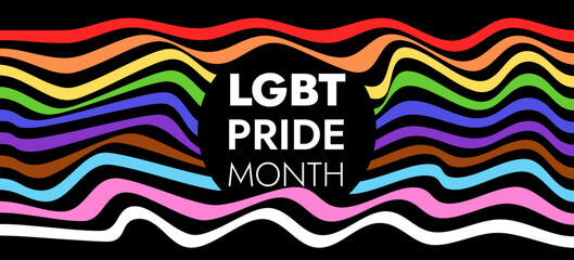 New LGBTQ Pride Flag Vector. 2023 LGBT pride design flag rainbow waves on black background. Banner template for Pride Month celebration design. Human rights or diversity concept.
