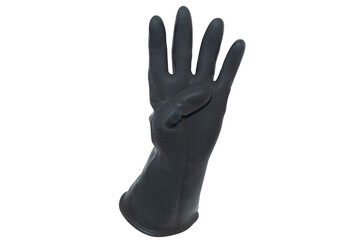 An isolated black rubber glove holding up the index, middle, ring and little fingers on a white background. A hand doing the number four gesture.