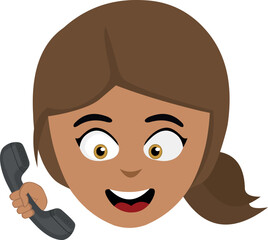 vector illustration face of a cartoon brunette girl talking on the phone