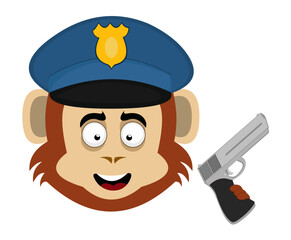 vector illustration face of a monkey animal with a police cap and gun firearm