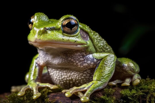 Animal closeup, amphibian closeup, triple australian white tree frog on moss, dumpy frog on branch. Generative AI