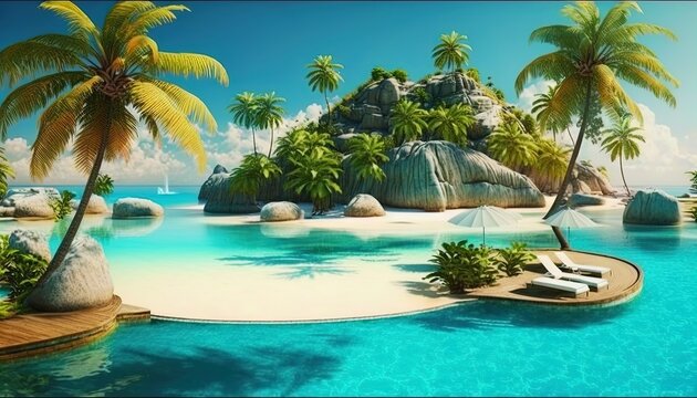 Azure tropical coast beach background with palm trees, blue summer cloud sky landscape of beautiful sea shore beach