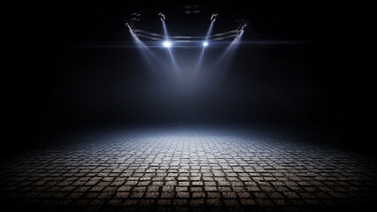 Sidewalk cobblestone. 3D beautiful sidewalk background. Bright lighting with spotlights. Dark background