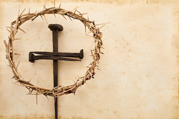 Jesus Crown Thorns and nail on Old and Grunge Background. Vintage Retro Style. - obrazy, fototapety, plakaty