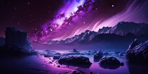 Fototapeta na wymiar Purple Winter landscape with Milky Way, generative ai