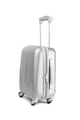 Suitcase isolated on white. Silver travel baggage bag or plastic