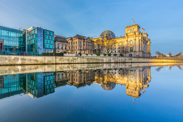 Reichstag with reflection in river Spree