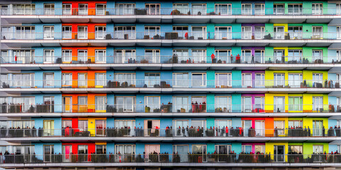 Appartmenthaus Bürohaus Abstrakt Surreal Frontalansicht Horizontal bei Tag Generative AI Digital Art Illustration Kunst Hintergrund Background Cover Kunst	
