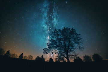 Naklejka na ściany i meble Beautiful night sky Milky Way and trees. Illustration AI Generative