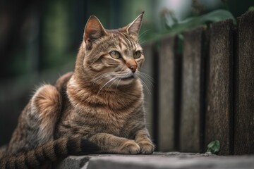 Brown cat is perched on the fence's wall on a patch of green grass and gray asphalt. Generative AI