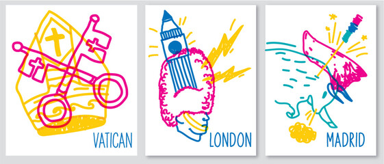 Doodle posters of various symbol cities , Different culture, interesting journey, voyage