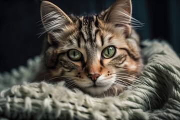 Adorable kitty resting on soft fur throw. Generative AI