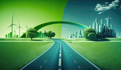 Modern green and blue sustainable highway, city background. Generative AI