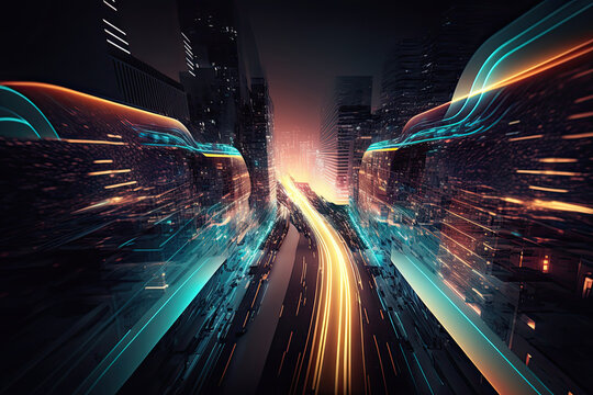 Abstract speed light flow through the city with gradient. Illustration AI Generative
