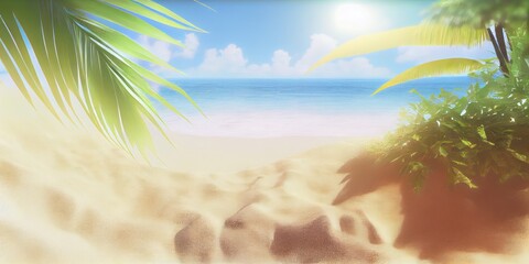 Tropical background with sea and palm trees. Summer sea background, blue ocean, sandy beach, light blue sky. ai generative