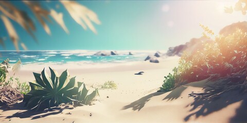 Fototapeta na wymiar Tropical background with sea and palm trees. Summer sea background, blue ocean, sandy beach, light blue sky. ai generative
