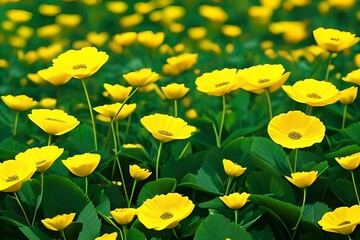 Fototapeta premium Close-up view of a yellow buttercup field. Generative-AI.