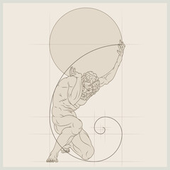 Vector design of titan Atlas holding a sphere, sketch drawing of atlas with gold spiral
