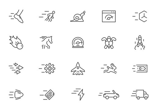 Speed power line icon set. Vector boost outline speed arrow fast horse sprint line icon concept speedometer.