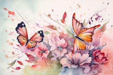 The graceful butterflies in the watercolor painting flies towards a flower. Generative AI