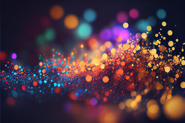 Festive golden dust, glitter background. Colorful blue and orange light. Copy space for art party project. Abstract sparkles shining, beautiful texture, bokeh
