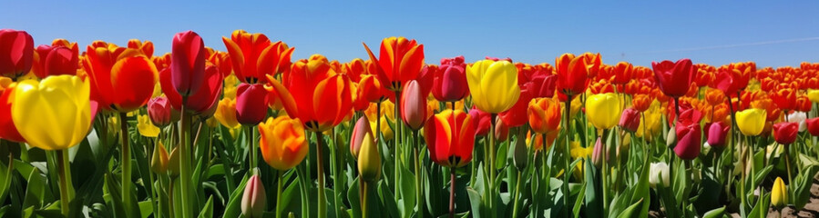 Orange red tulips in a summer or spring field on blue sky background, banner. Generative AI