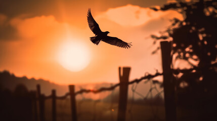 Fototapeta na wymiar Free bird silhouette flying and taking in the scenery against a sunset background. - Generative AI