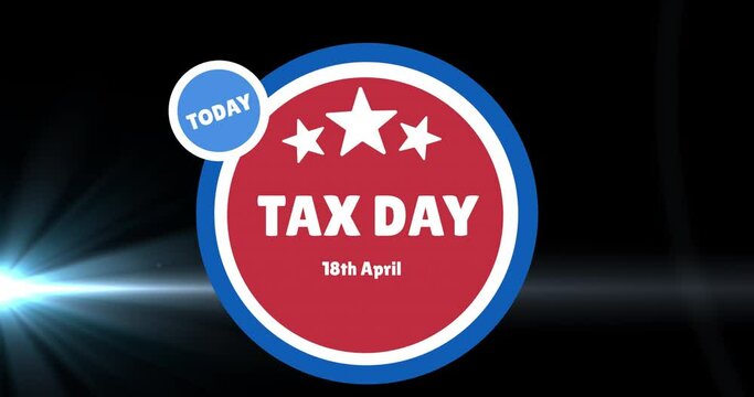 Animation of tax day text and lights over dark background