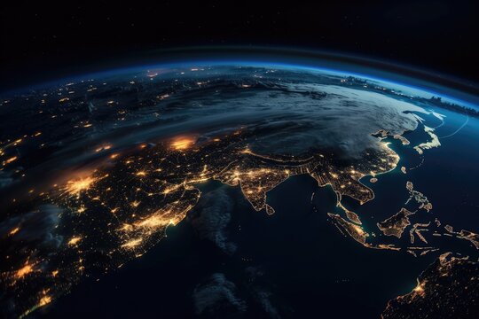 Asia at night as seen from orbit, with city lights illuminating human activity in China, Japan, South Korea, Taiwan, and other nations, along with an image of the planet Earth and NASA provided design