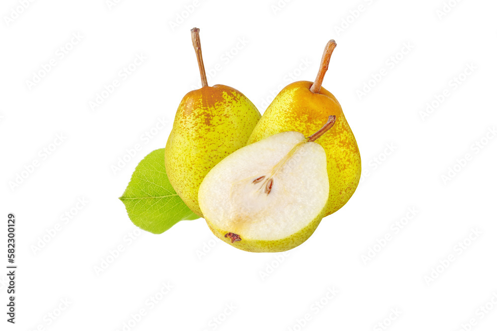 Wall mural pear rocha isolated transparent png. green and yellow whole fruits, half with seeds and leaf.