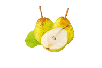 Pear Rocha isolated transparent png. Green and yellow whole fruits, half with seeds and leaf.