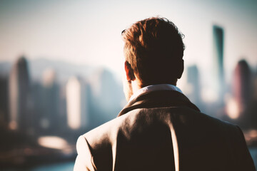 Fototapeta premium Successful Business Man Overlooking The City from his Office in a Skyscraper - Investment - Generative AI 
