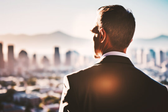 Successful Business Man Overlooking The City from his Office in a Skyscraper - Investment - Generative AI
