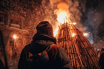 Ancient tradition of Epiphany fires in Friuli. Pignarûl and fireworks. Generative AI