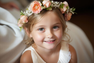 Portrait of smiling little girl as a bridesmaid on wedding