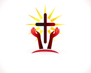Hands cross and sunshine light faith religion spirituality pray concept logo vector image design