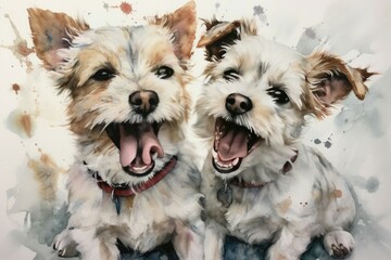 The playful puppies in the watercolor painting. Generative AI