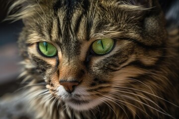 large green eyes on a domestic cat close up. Generative AI