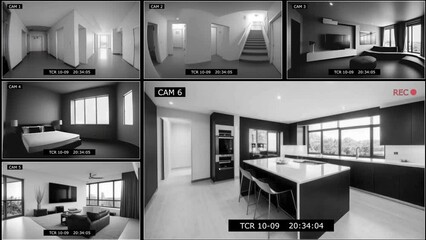 split screen video surveillance system in the house. CCTV cameras are recording.